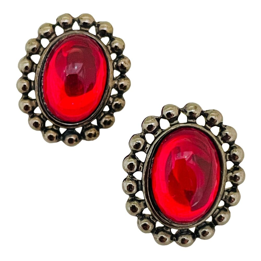 Vintage silver tone red glass post earrings